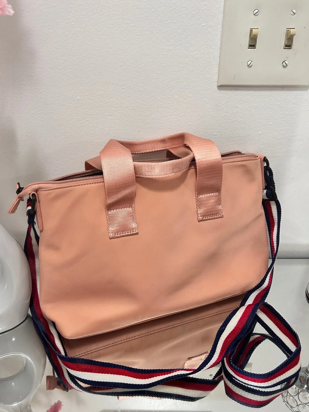 Tommy Hilfiger Pink Nylon Crossbody Tote Bag Stripe Strap Everyday Purse